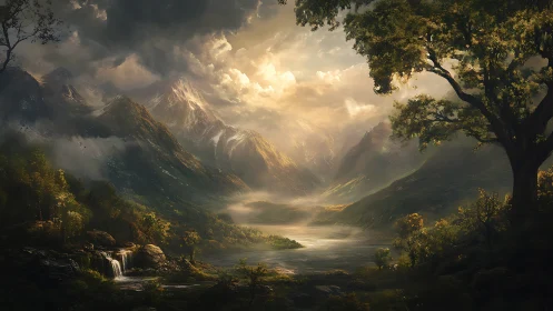 Dramatic alpine valley lake with waterfalls and stormlit peaks