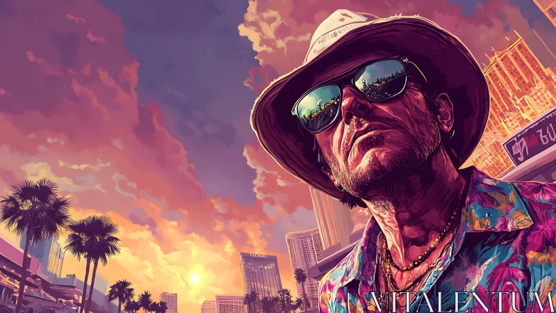 Portrait of man in cityscape with sunset and palm trees.