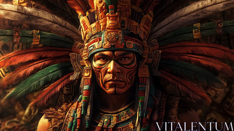 Warrior in ornate feathered headdress stares with fierce resolve