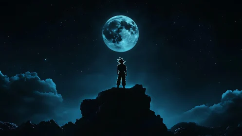 Silhouetted anime warrior stands against luminous full moon