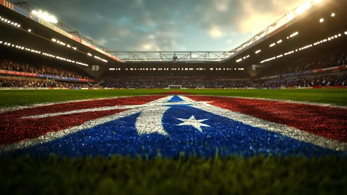 Stadium turf emblem glows under dramatic evening floodlights.