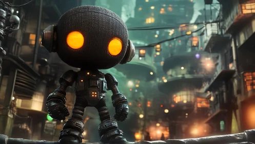 Small emissive-eyed robot surveys dense cyberpunk vertical slum