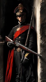 Ceremonial guard in ornate uniform holding rifle under dramatic light