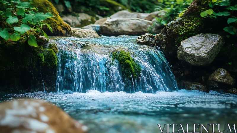 Tranquil Forest Stream with Flowing Water and Mossy Rocks.