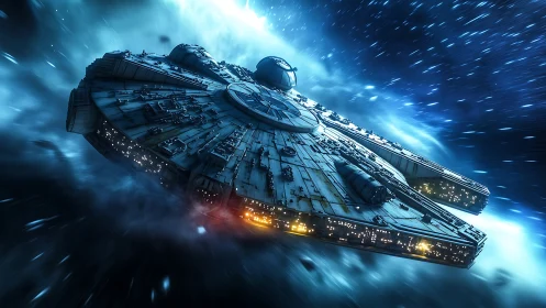 Futuristic disc-shaped starship accelerates through deep space