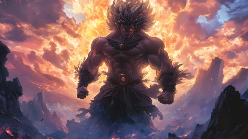 Mythic fire giant strides through blazing volcanic clouds.