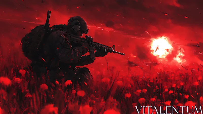 Lone soldier watches a blazing battlefield sky ignite in red