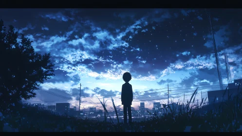 Silhouetted youth observing twilight skyline and starry clouds.