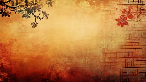 Floral branches on textured orange and red abstract background.