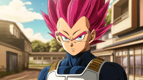 Cel-shaded warrior with magenta spiked hair in urban courtyard