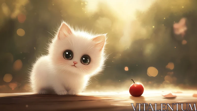 White Cat with Large Eyes and Red Apple.