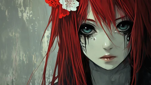 Red haired girl portrait with floral hair ornament detail.
