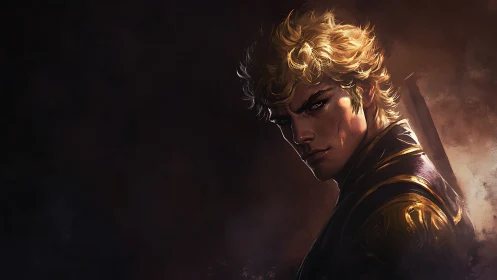 Brooding blond swordsman emerges from chiaroscuro lighting