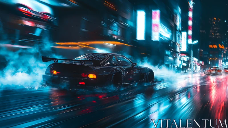 Neon street racer carving electric trails through rain fog.