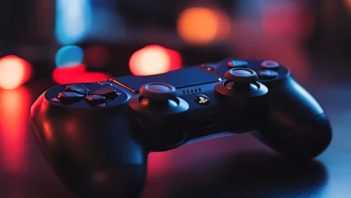 PlayStation controller positioned on illuminated surface with ambient lighting effects
