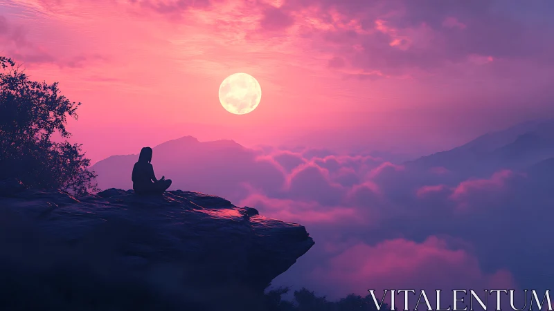 Solitary figure meditates above clouds at vivid moonrise.
