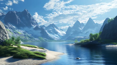 Mountain lake reflects distant snowy peaks under clear sky