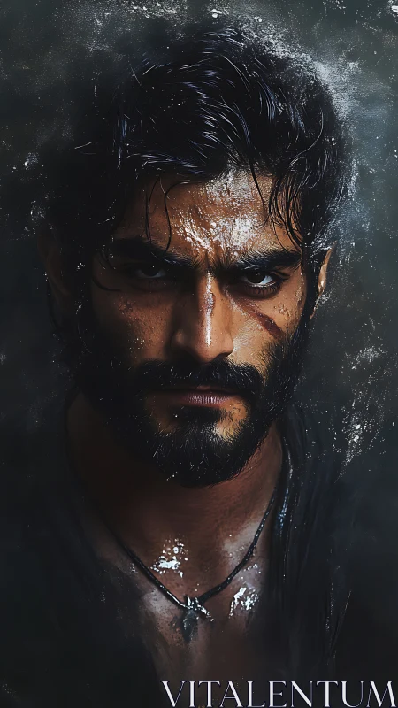 Brooding warrior portrait radiates grit and storm-lit resolve.
