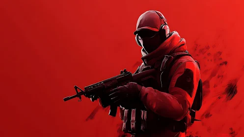 Tactical operator silhouette with carbine on red minimalist field