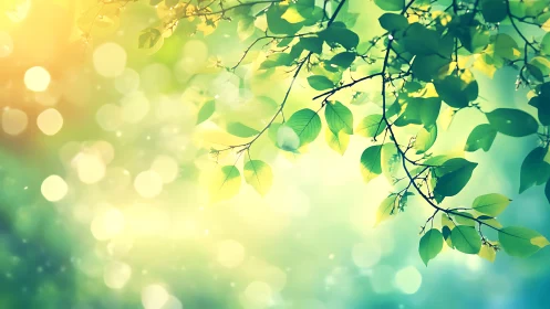 Sunlit Green Leaves with Bokeh Effect in Soft Nature Style.