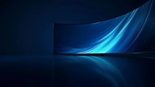 Curved ultrawide display with abstract blue light trails.
