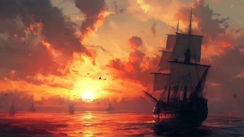 Crimson-sailed galleon drifting into molten sunset hush.