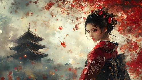 Autumn kimono beauty gazing back amid gentle falling leaves.