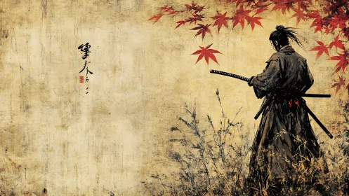 Samurai stands with katana under red maple foliage