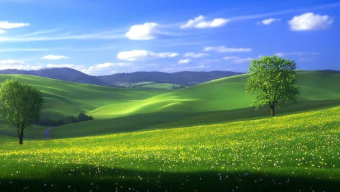 Emerald hills roll under springlight with two quiet trees.