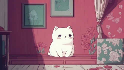 Melancholic White Cat in Florals Room