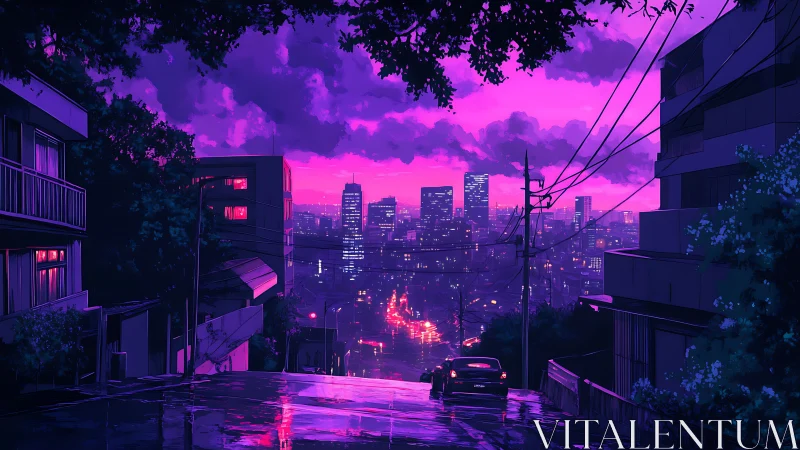 Neon dusk city street overlooking distant skyline.
