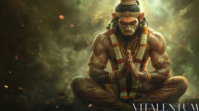 Divine monkey warrior meditates in glowing sacred haze.