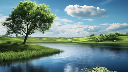 Solitary lakeside tree under bright summer sky reflection.