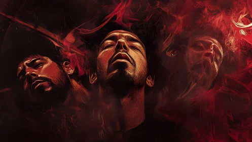 Surreal red portrait triptych with ascending male faces.