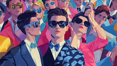 Stylish crowd in bold sunglasses fills a vivid street scene.