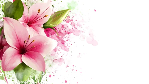 Pink flowers bloom beautifully with vibrant watercolor splashes