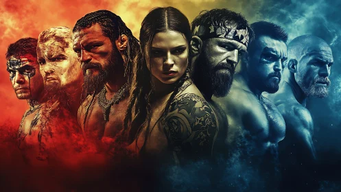 Symmetrical warrior lineup divides fiery red and icy blue realms