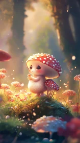Mushroom creature stands in soft forest light on mossy knoll.