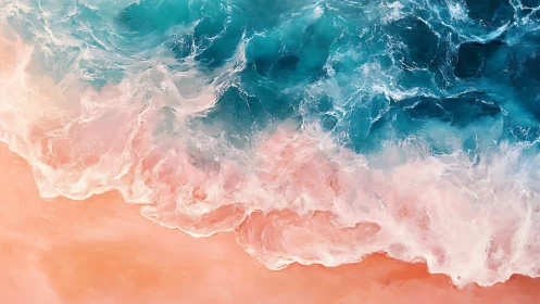 Pastel shoreline waves with teal surf in aerial abstraction.