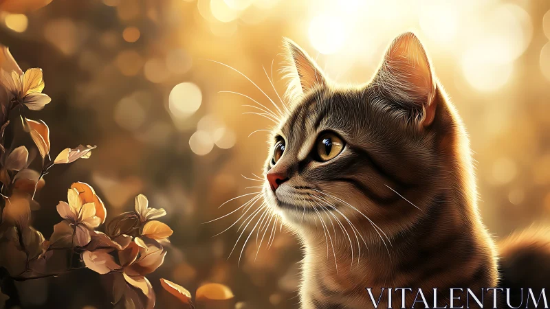 Tabby cat gaze caught in golden hour light.