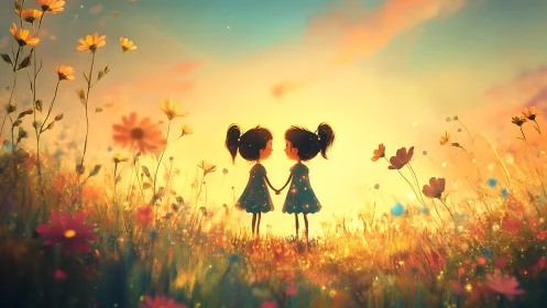 Digital Illustration: Two Silhouetted Figures Within Atmospheric Flower Field