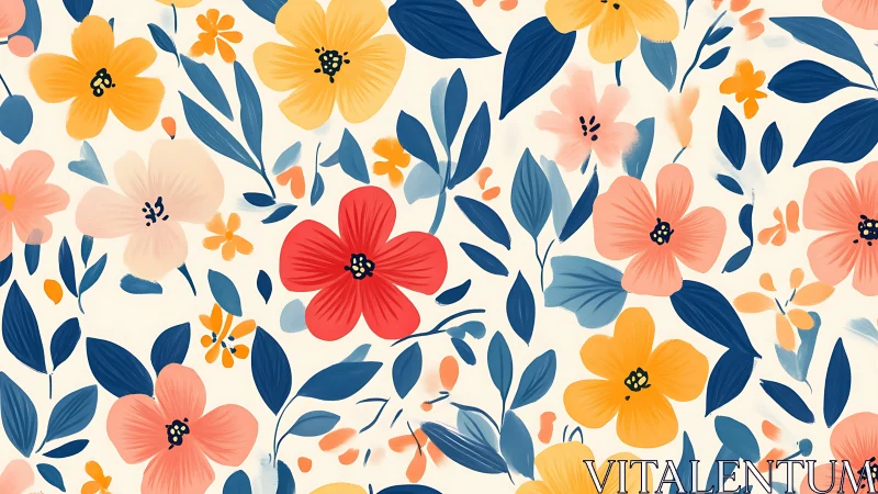 Floral pattern with yellow, coral, and navy blue flowers on cream background
