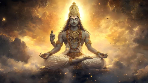 Divine meditative deity in luminous celestial clouds composition.