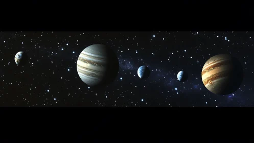 Planetary alignment rendering with gas giants and rocky worlds.
