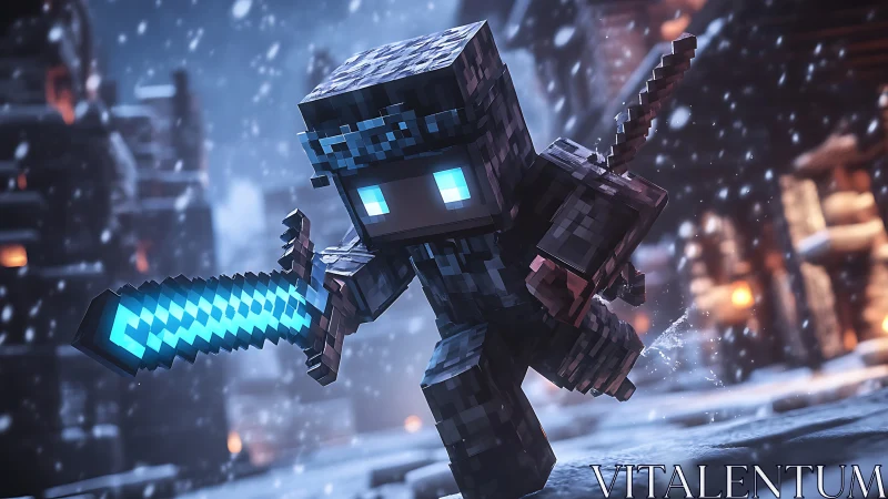 Pixel knight lunges through snowfall with a crackling neon blade