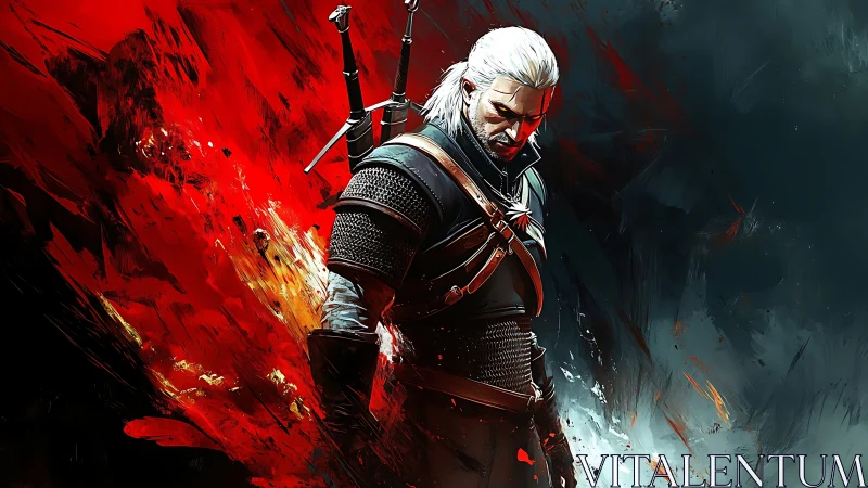 White haired swordsman in dark armor amid red chaos.