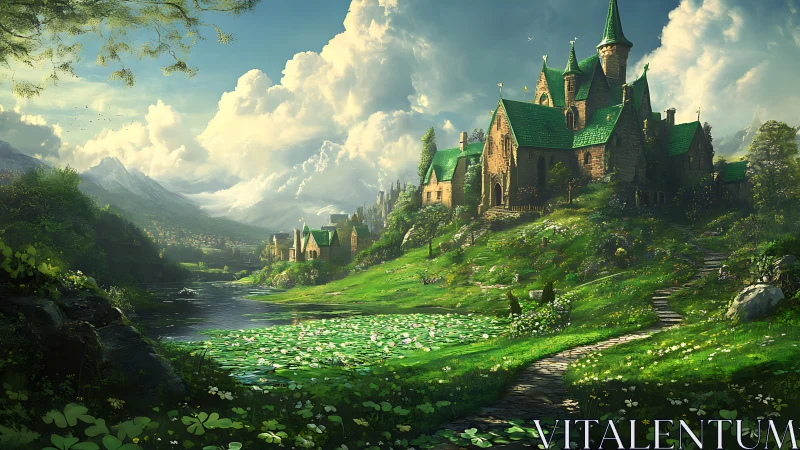 Stone castle complex stands above river and green valley