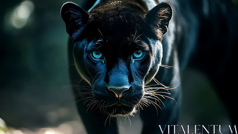 Black Panther with Turquoise Eyes Emerges from Shadows.
