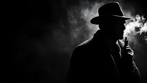 Shadowed smoker in fedora hat creates moody noir atmosphere