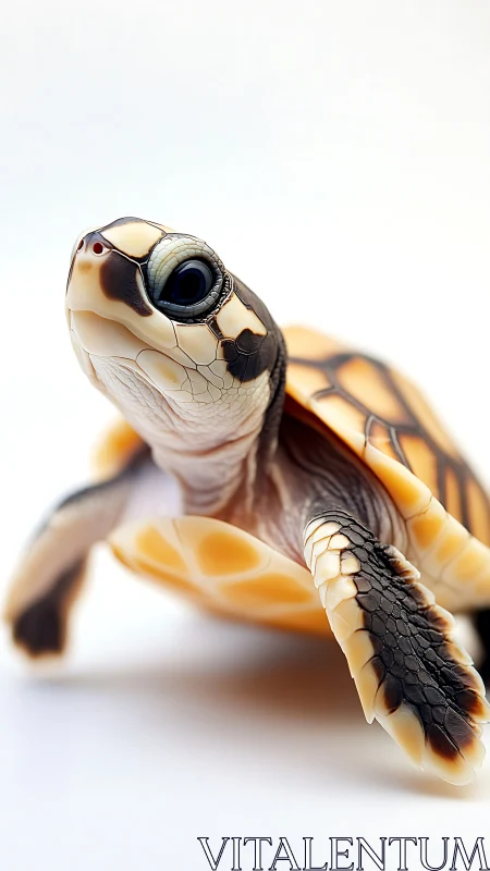Photorealistic juvenile turtle portrait on clean white ground.